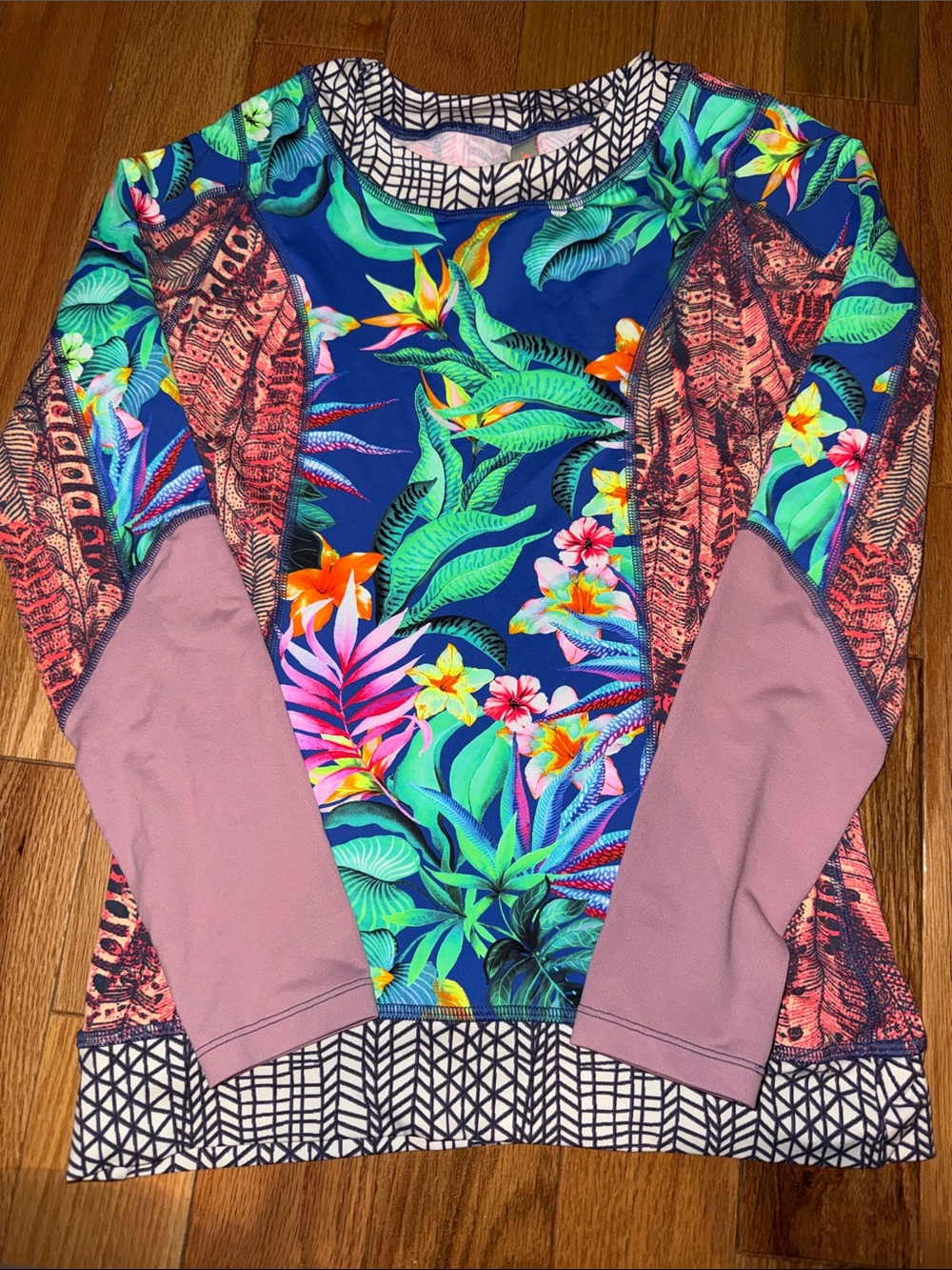 Maaji Multicolor Tropical Print Long Sleeve Top with Navy Trim - Size L